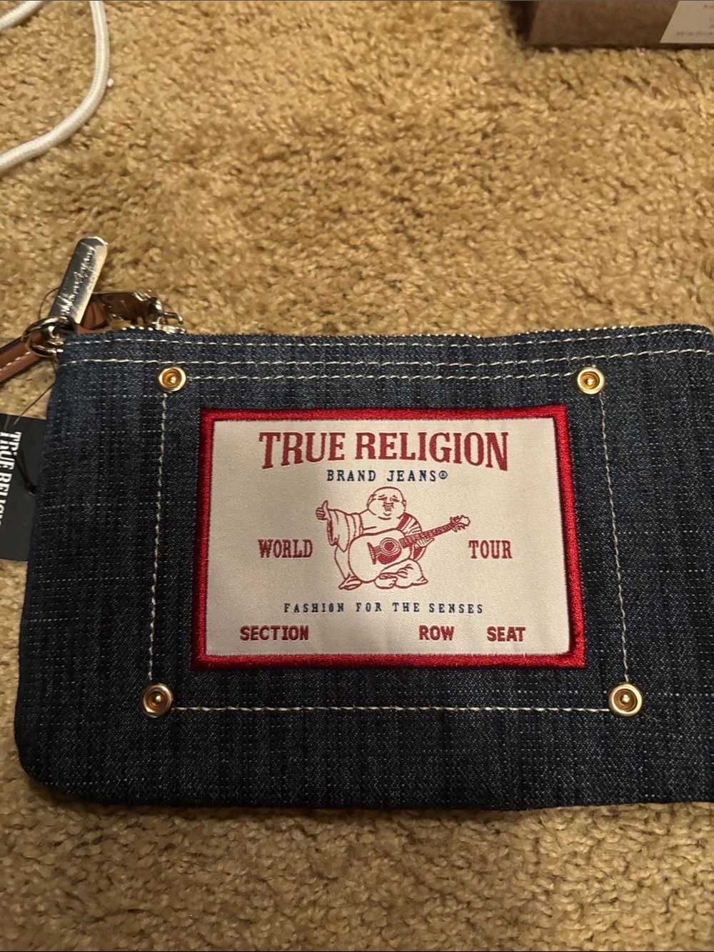 True Religion Denim Wristlet in Dark Blue with Red Logo Patch